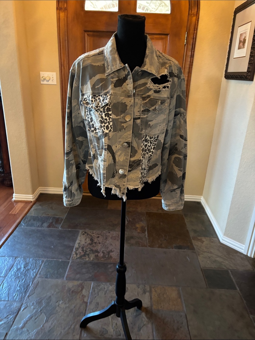 POL Distressed Camo Denim Jacket with Leopard Patch - Gray